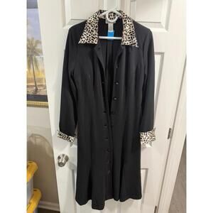 Vintage Robbie Bee Women's Black Dress Coat w/ Leopard Collar Size 10